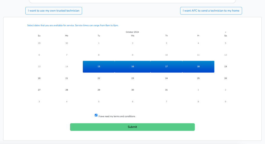 Screenshot of the calendar to schedule a technician through AFC Home Warranty.